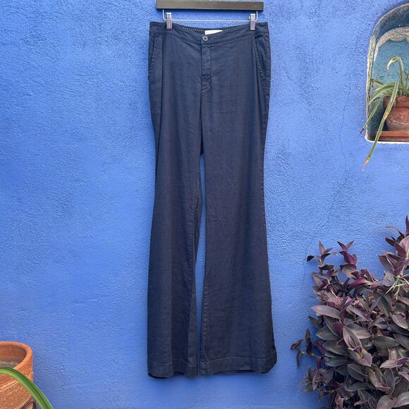 by anthropologie navy linen blend belled leg trousers - Picture 1 of 7